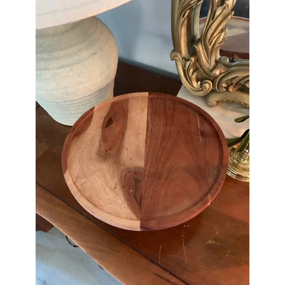 Acacia‎ Wood Cake Stand Pedestal Tray Black Metal Base 12 Inch Round Two-Tone